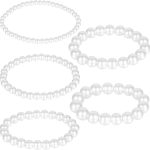 5 Pcs White Faux Pearl Stretch Bracelets for Women, Stackable Elastic Bridesmaid Wedding Jewelry Stackable Faux Pearl Bracelets for Women Wedding Jewelry Lady