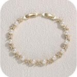 Cubic Zirconia Simulated Pearl Bridal Wedding Leaf Filigree Tennis Bracelet for Brides Bridesmaid Birthday Mothers Christmas Valentines Day Jewelry Gifts for Women